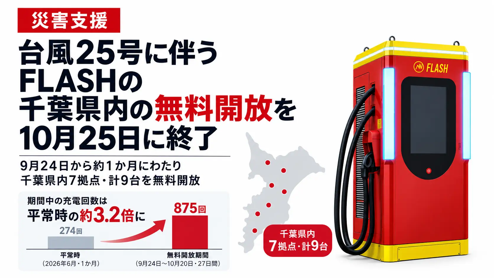 EV急速充電器「FLASH」千葉県内の無料開放終了のお知らせ